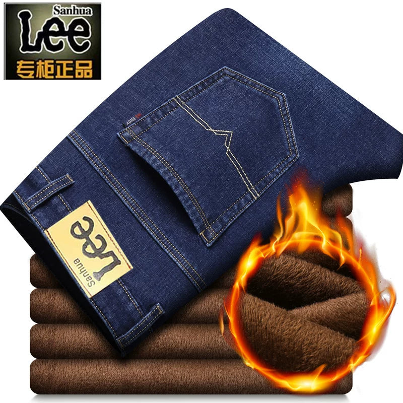 Payız/Qış üçün Kişilər üçün Qalın Yun Astarlı Cins Şalvar, İşgüzar Üslubda, Boş Formada, Düz Ayaqlı, Gündəlik, Uzun Şalvar, Elastik, Davamlı və Geyilməyə Davamlı