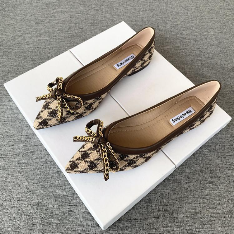 Uclu Düz Qadın Ayaqqabıları 2023 Yeni Houndstooth Bow Ladies S