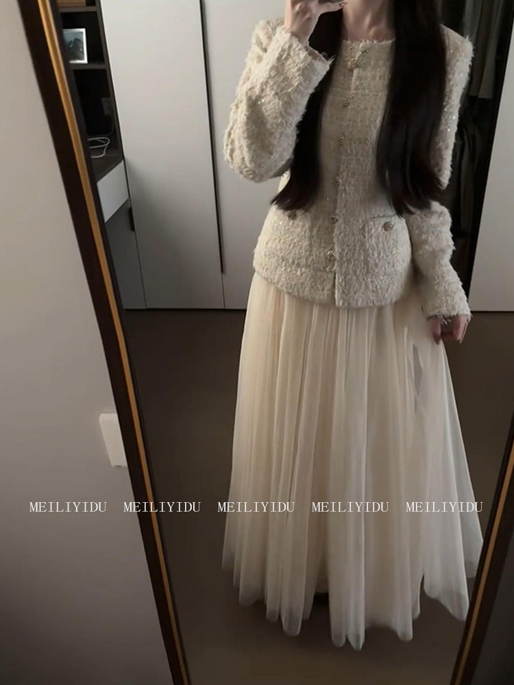 MLYD/Xüsusi Böyük Ölçülü Fransız Qəşəng Ağır-Duty Chanel Stilində Yun Palto və Yüksək Belli Torlu Ətək Dəsti