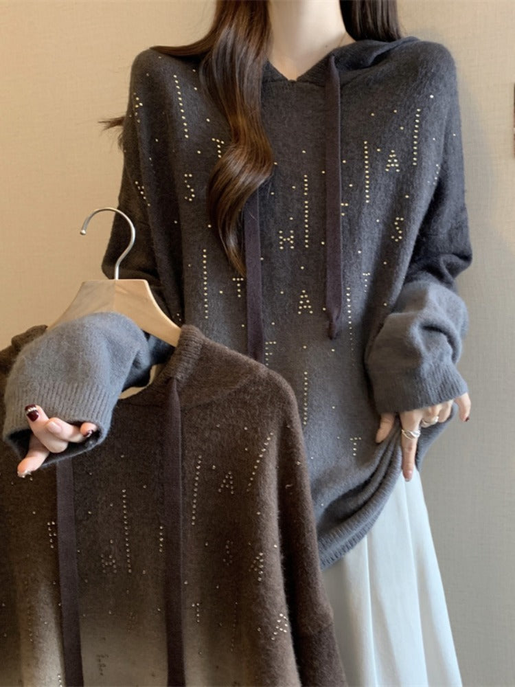 Qəşəng qradiyentli başlıqlı sviter, yeni 2026-cı ilin yaz dəbi, böyük ölçülü qadın geyimləri, dəbli Avropa üslubunda boş toxunmuş köynək.