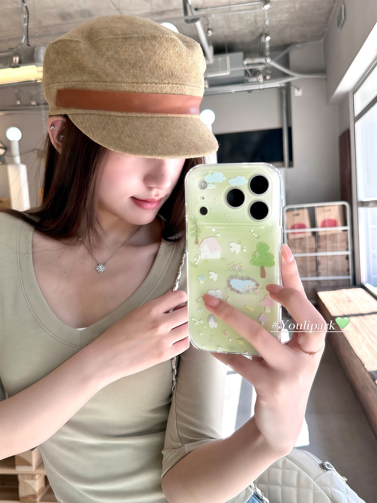 Yuri Park ins Koreya baharı şirin yaşıl çəmən balası illüstrasiya 17 17pro Apple 17ProMax cib telefonu qabı iPhone16 hər şey daxil 14 yeni 16Promax qoruyucu qutu