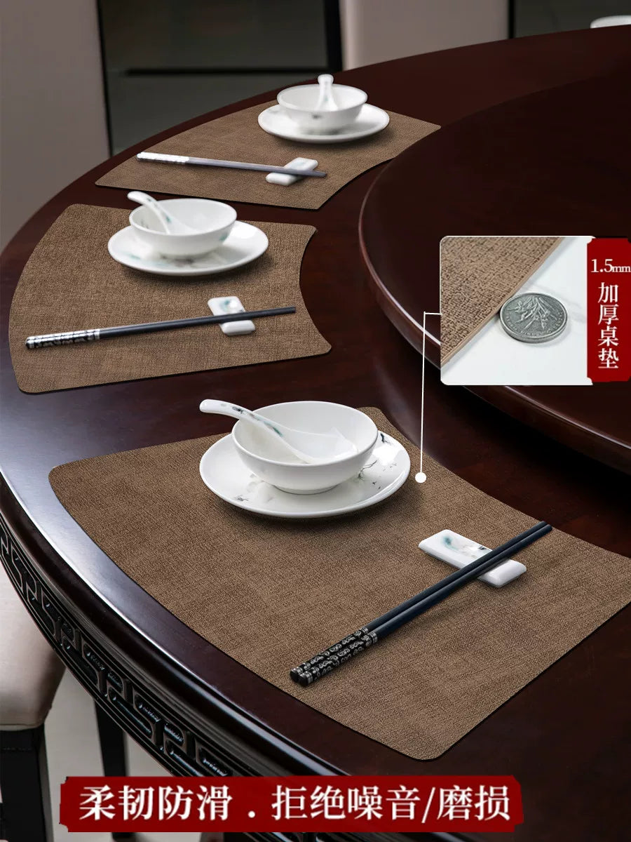 Fan formalı Çin üslublu otel üçün xüsusi dəri dəyirmi masa yemək masası döşəyi su və yağ keçirməyən qab-qacaq döşəyi yüksək səviyyəli istilik izolyasiyası döşəyi