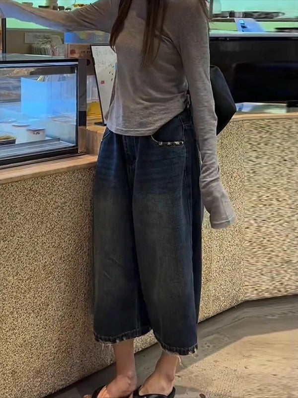 Qadınlar üçün retro yüksək belli, qısa enli cins şalvar, yay üslubunda, böyük ölçüdə, boş formada, arıqladıcı, çoxfunksiyalı, düz ayaqlı, gündəlik orta uzunluqlu şalvar.