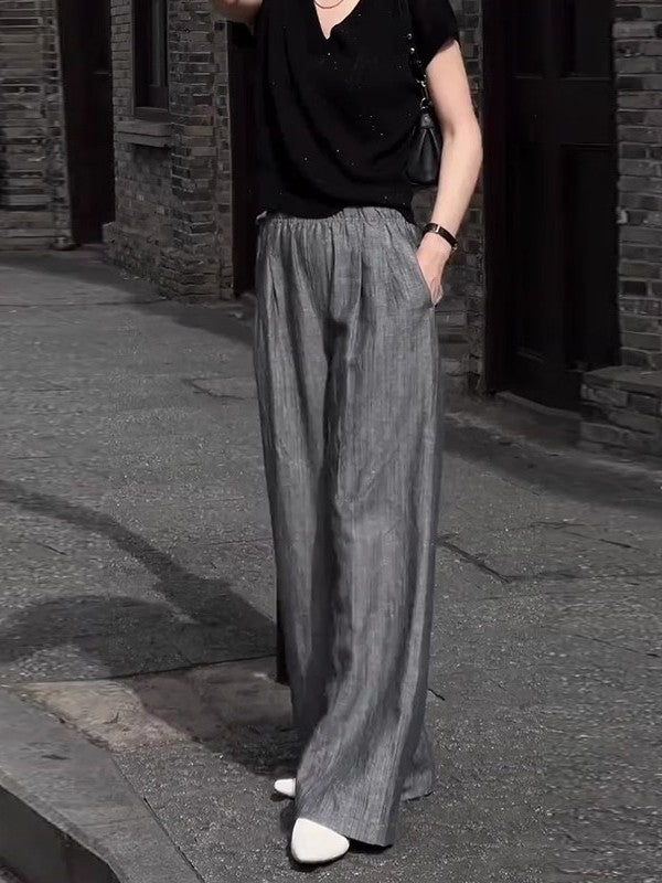 Qadın kətan gündəlik şalvarı, yay üçün nazik model, böyük ölçüdə, arıqladıcı, armud formalı, geniş və rahat, yerə qədər uzanan şalvar