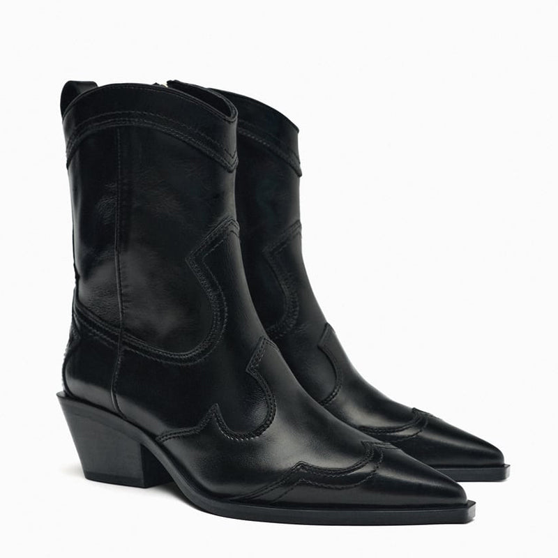 ZA2025 Yeni Orijinal Dəri Hündürdaban Qərb Kovboy Çəkmələri Retro Uclu Barmaqla İşlənmiş Hündürdaban Ayaq Biləyi Çəkmələri Qalın Dabanlı Martin Çəkmələri Qadınlar üçün