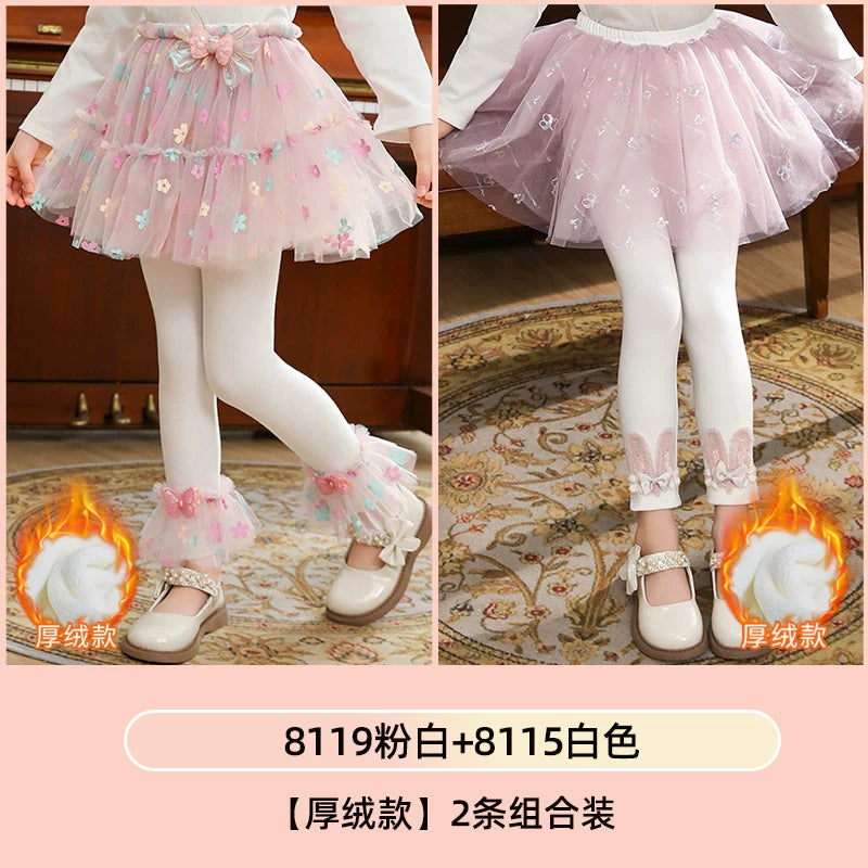 Qızlar üçün bir hissəli ətək şalvarları, 2025-ci ilin yaz və payız mövsümü üçün yeni model uşaq qış geyimləri, flis astarlı, süni iki hissəli leqinslər, ağ, çöldə geyinmək üçün.