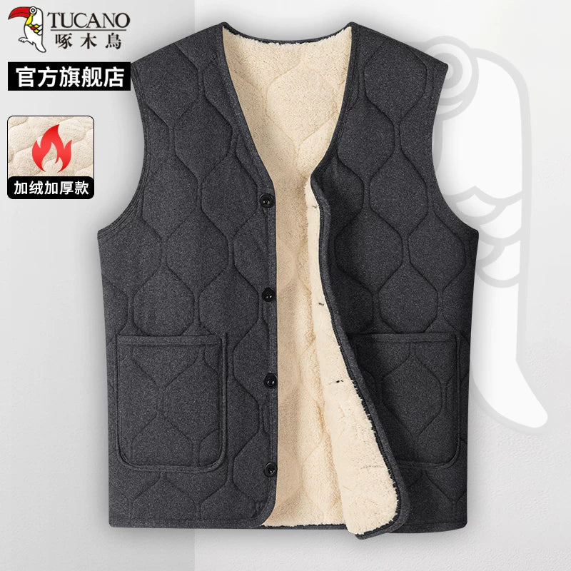 Woodpecker 2025 Qış Yeni Kişilər üçün Yun Astarlı Qalın Jilet, Orta Yaşlı və Yaşlı Atalar Üçün Üst Geyim, İsti Jilet C