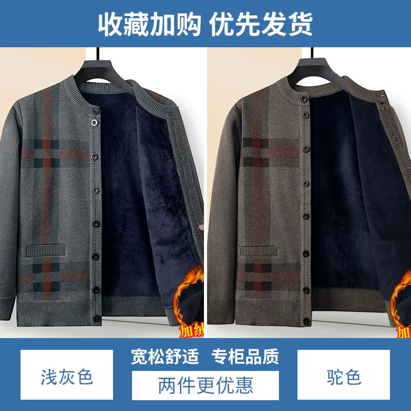 Payız və qış qalın flis hırka, orta və yaşlı insanlar üçün isti, dairəvi yaxalı düyməli toxunma sviter palto, baba köynəyi