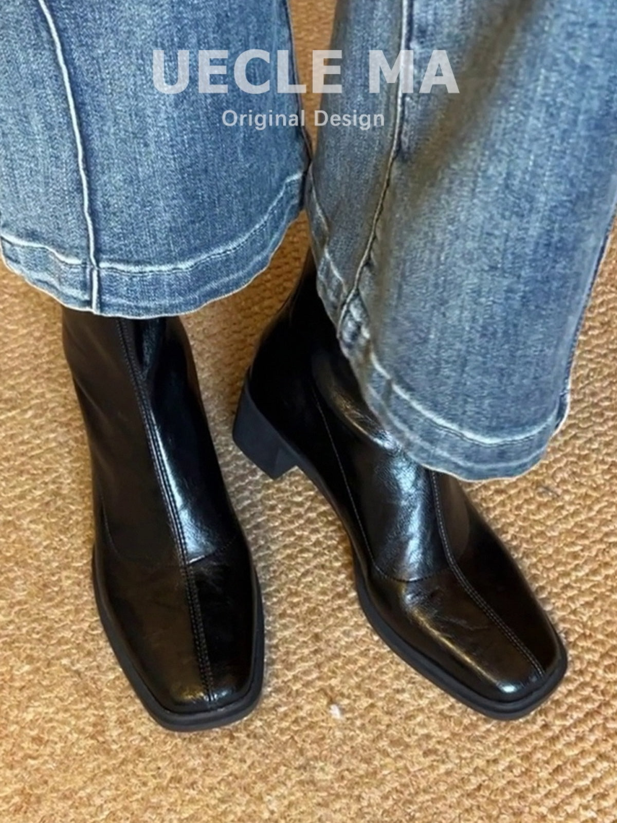 Qadınlar üçün dəri hündürdaban çəkmələr, 2025 payız/qış yeni dəbi, kvadrat burunlu Martin çəkmələri, kiçik fransız üslubunda qalın dabanlı nazik çəkmələr.