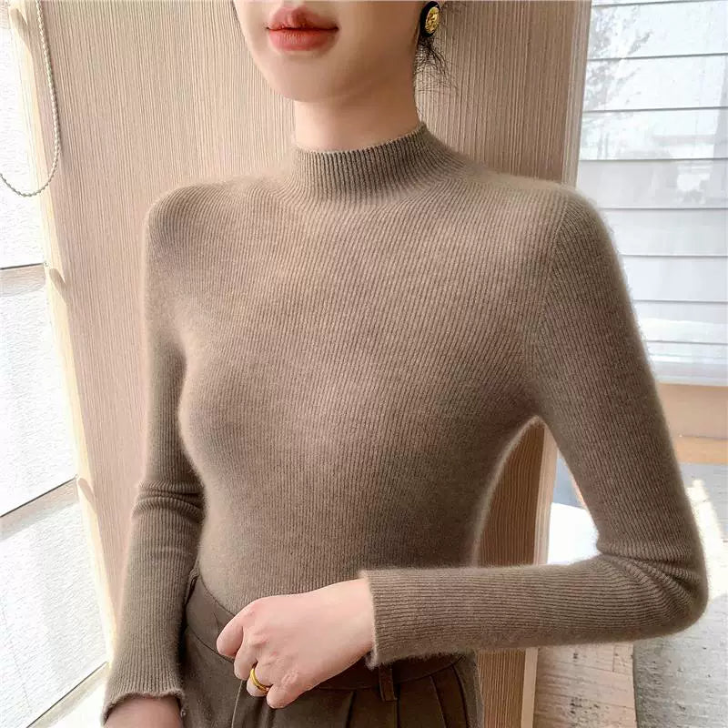 Qadınlar üçün yüksək keyfiyyətli yun sviter, hündür yaxalı, incə bədən quruluşlu, laylı-laylı, payız və qış üçün ideal, yeni model, qalın və çoxfunksiyalı toxunma sviter