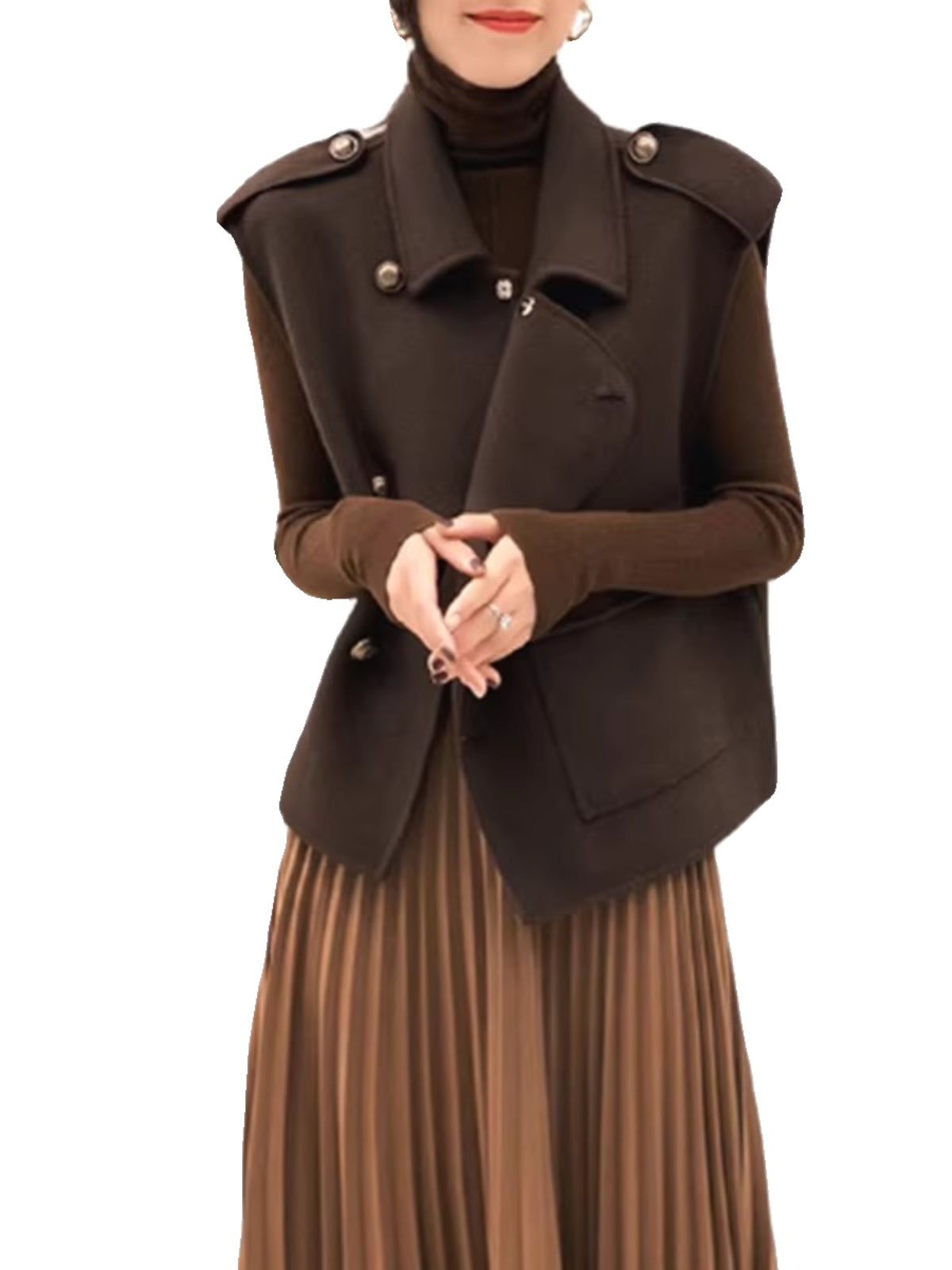 Brend endirimli mağaza endirimləri: İkiüzlü yun kaşmir jilet, qadın qısa, geniş, qolsuz hırka.