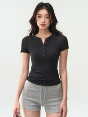Ağır Atletika Fairy Yaz və Yay Yoqa Geyimi T-shirt Henri Yaxası Düymə Fitness Üstü Çöldə Qaçış Yüksək Elastik İdman Qısaqol