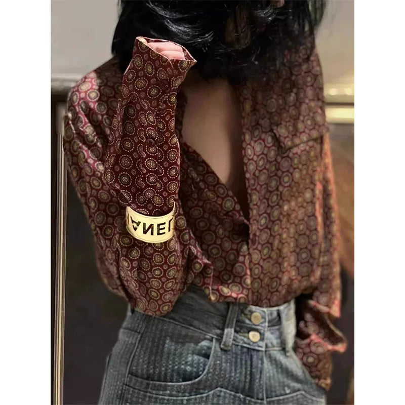 Rouje Taco Fransız Retro Yaxalıqlı Köynək, Payız Yüksək Zövqlü Zəriflik, Arıqladıcı Uzunqol Top