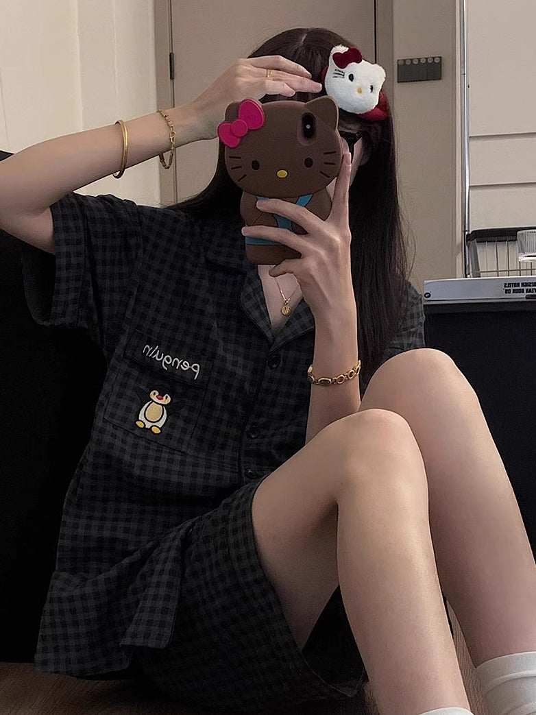 Yayda kişi və qadınlar üçün pijama boz rəngli plaid pinqvin təmiz pambıq qısaqol şort cüt Yapon üslublu pambıq ev geyimi dəsti