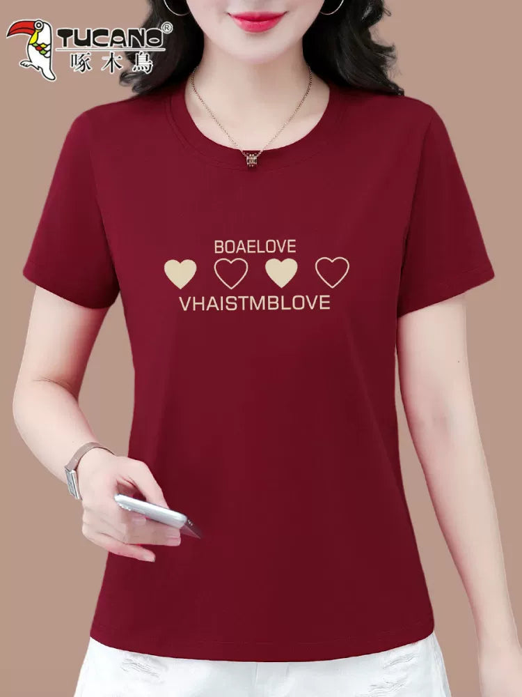 Ağacdələn təmiz pambıq qısaqol köynək qadınlar üçün yay 2026 yeni orta yaşlı ana təsadüfi xarici stil boş qadın top T-shirt