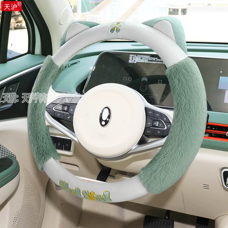 ORA Good Cat Car Steering Wheel Cover GT Car Interior Accessories Support Cover Popular Cream Green Winter Plush For Women