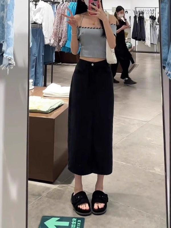 Armud formalı yarıqlı denim midi ətək, 2026 yay stili, nazik, arıqladıcı, böyük ölçüdə, qüsurları gizlədir, orta uzunluqlu A-xəttli ətək.