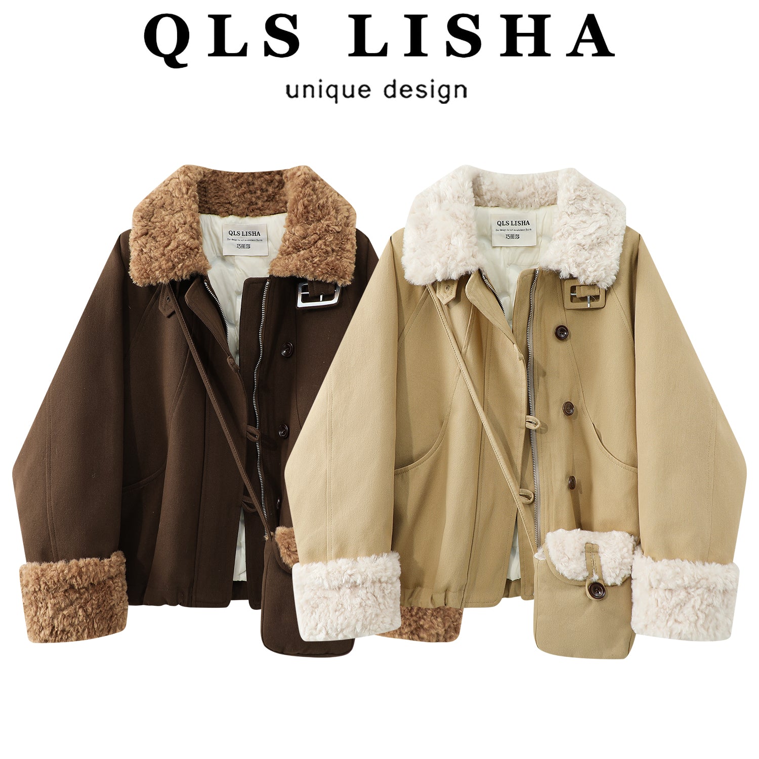 Cholisa-nın quzu yun yaxası ilə qışın əvvəlində qalın paltosu, isti iş geyimi üslubunda aşağıdan hazırlanmış parka qısa topu, qadınlar üçün