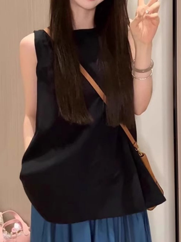 Qadınlar üçün Böyük Ölçülü Koreya Üslublu Dəyirmi Yaxalı Kazak Gödəkçəsi, Yay 2026, Boş Oturacaqlı, Qolsuz, Çoxfunksiyalı, Arıqladıcı Top