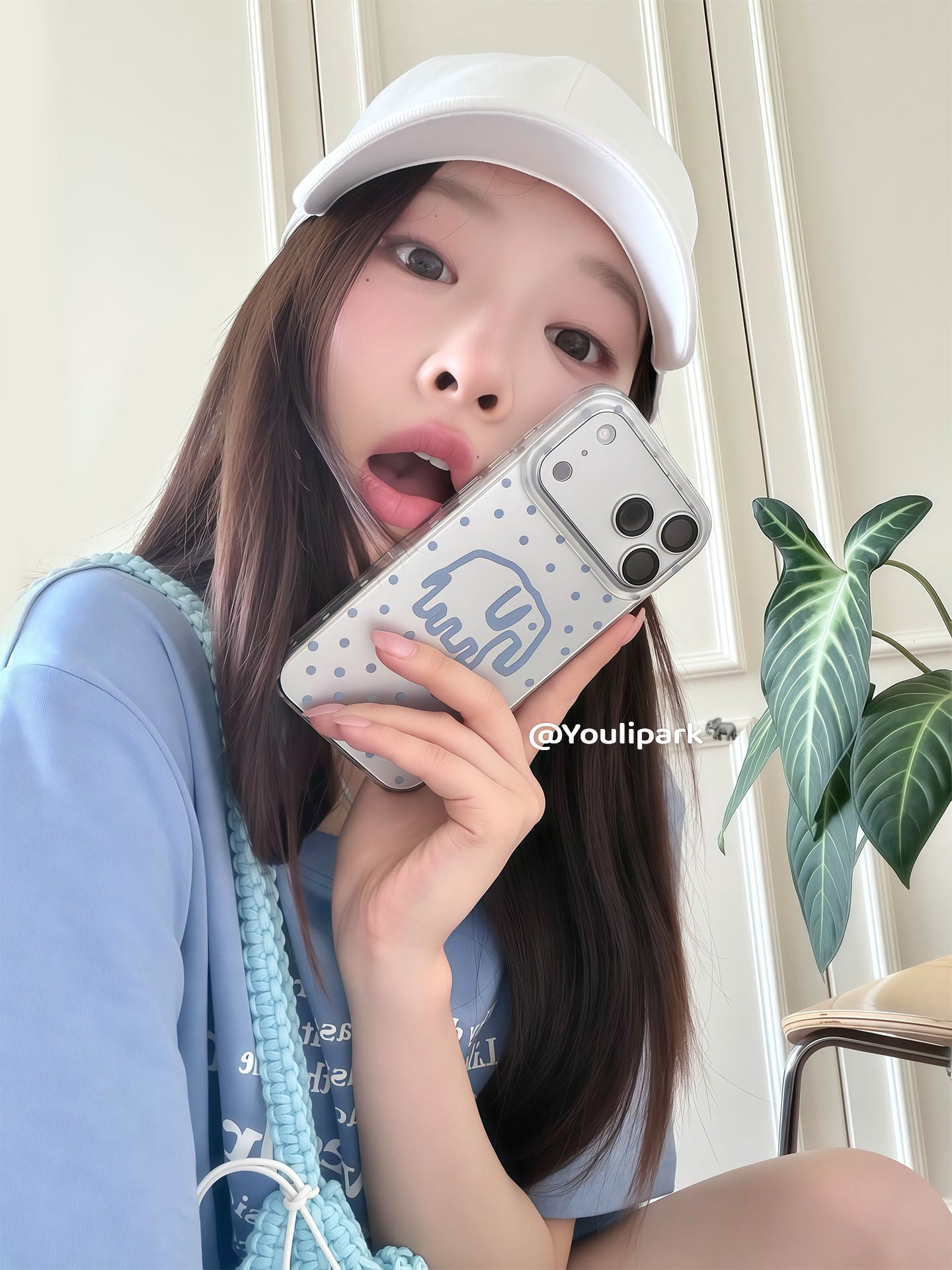 Yuri Park ins Koreya üslubunda şirin dəniz duzu mavi polka nöqtəli xətlər fil 17 17pro Apple 17ProMax mobil telefon qutusu iPhone16 hər şey daxil 14 yeni 16Promax qadınlar üçün qoruyucu örtük