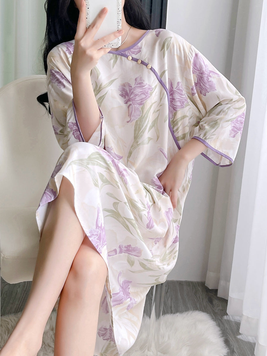 Pambıq ipək pijama qadın yay orta qollu gecə paltarı böyük ölçülü süni pambıq ipək yeni Çin üslubunda nazik boş ev geyimi uzun yubka