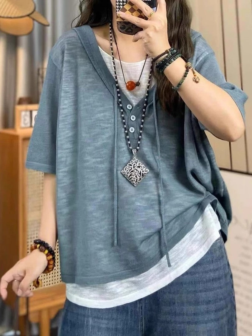 Böyük Ölçülü Yay Boş Başlıqlı Süni İki Parçalı Qısa Qollu Köynək Qadınlar üçün 2026 Yeni Gündəlik Çoxfunksiyalı Moda Rəngli Blok Top