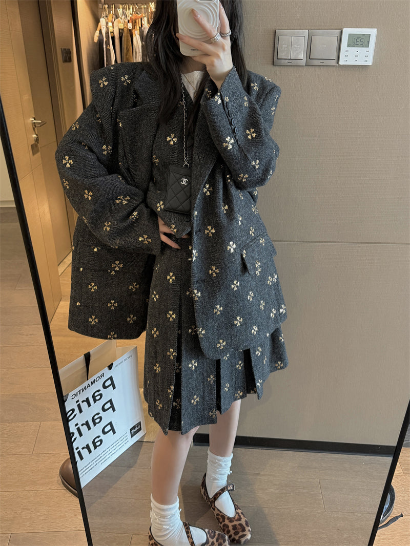 KKSTUDIO Qadınlar üçün Yüksək Səviyyəli Muncuqlu Böyük Ölçülü Yun Blazer, Payız Koreya Üslubunda, Nişli Gündəlik Kostyum