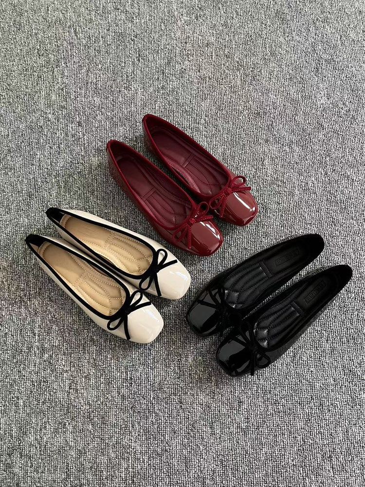 Women's French retro red ballet flats, soft leather, tie, low-cut, granny shoes