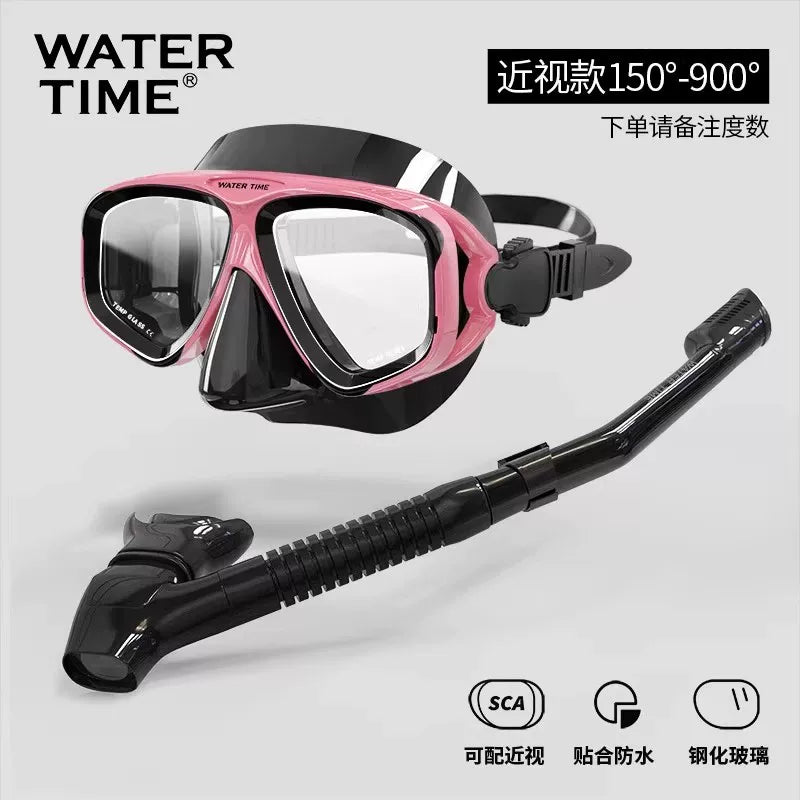 WaterTime snorkeling maskası, miyopi, müxtəlif dərəcəli dalğıc maskaları, snorkeling avadanlığı, üç hissəli dalğıc maskaları dəsti
