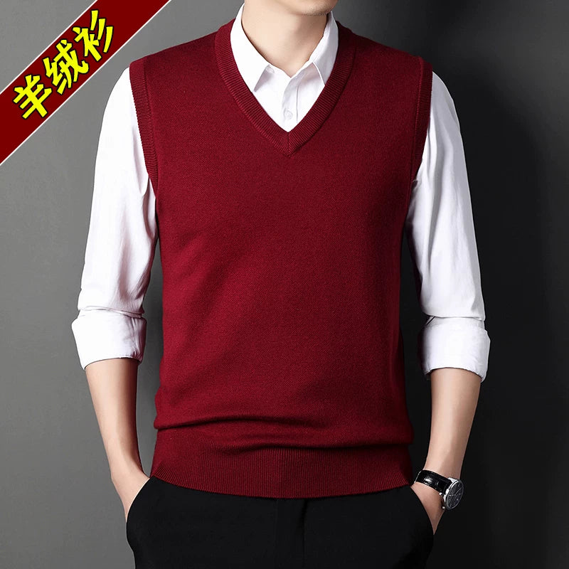Orta yaşlı kişilər üçün 100% təmiz kaşmir jilet, V-yaxalı qolsuz jilet, Ershi trikotaj yun sviter