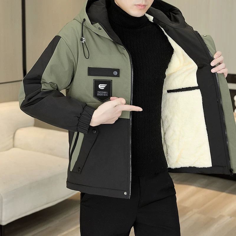 Yun astarlı və qalınlaşdırılmış kişi pambıqlı palto, dəbli Koreya üslubunda başlıqlı pambıqlı gödəkçə, şık, çox yönlü və isti kişi pambıqlı geyimləri