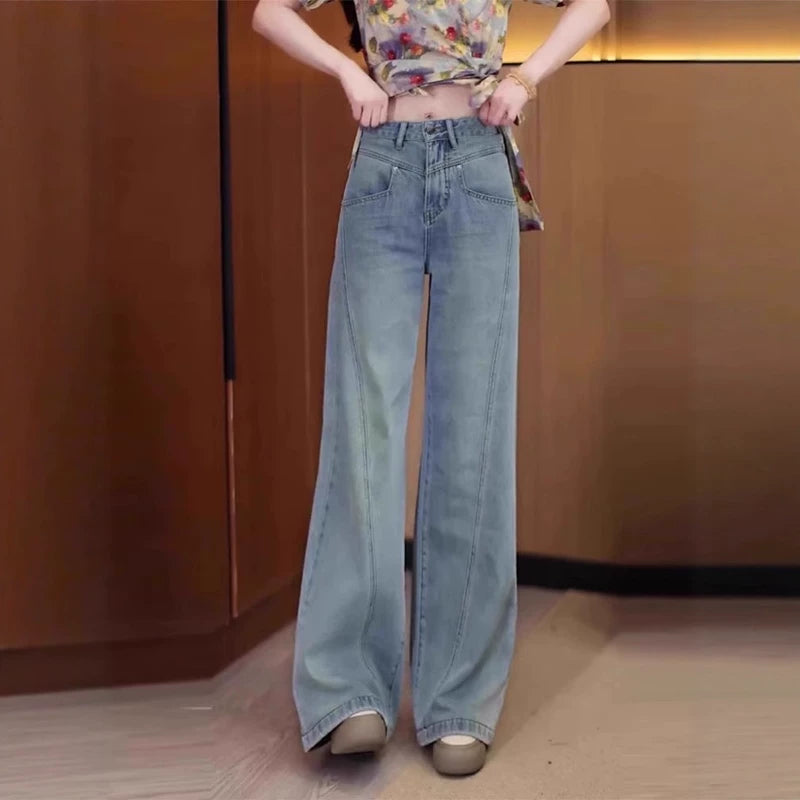 Qadınlar üçün böyük ölçülü enli ayaqlı cins şalvar, yeni 2026-cı ilin yay modası, nazik, yüksək belli, geniş, arıqladıcı, düz ayaqlı şalvar.