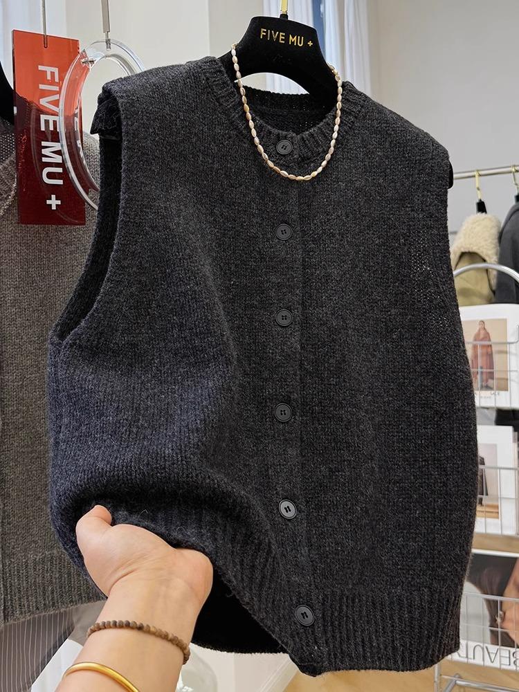 European style high quality dark gray vest for women, new autumn and winter style, sweater vest, cardigan, round collar shirt