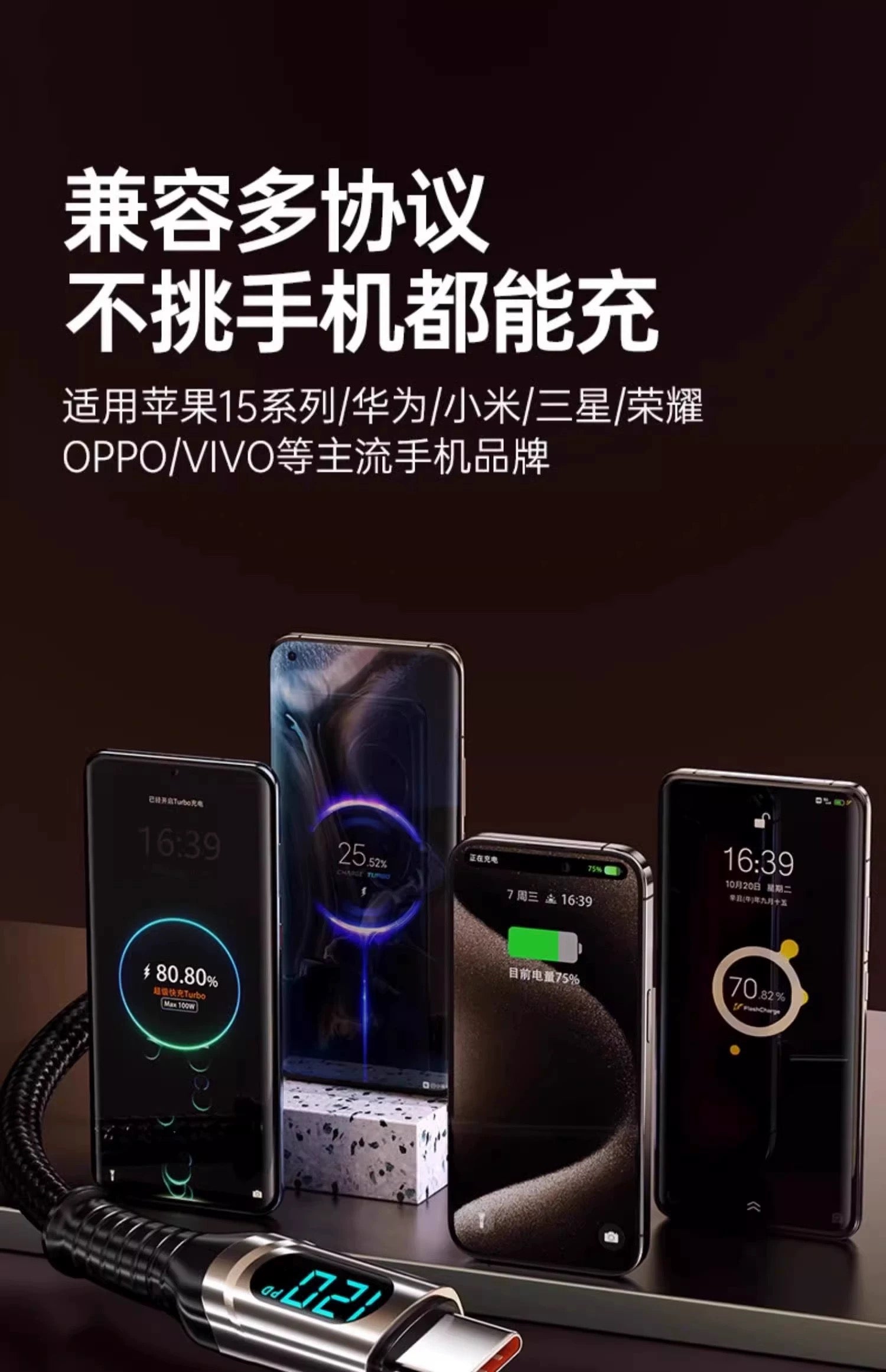 120W Super Sürətli Doldurma Məlumat Kabel Ağıllı Rəqəmsal Ekran Doldurma Kabel Apple OPPO Huawei Mouth Honor Xiaomi üçün uyğundur