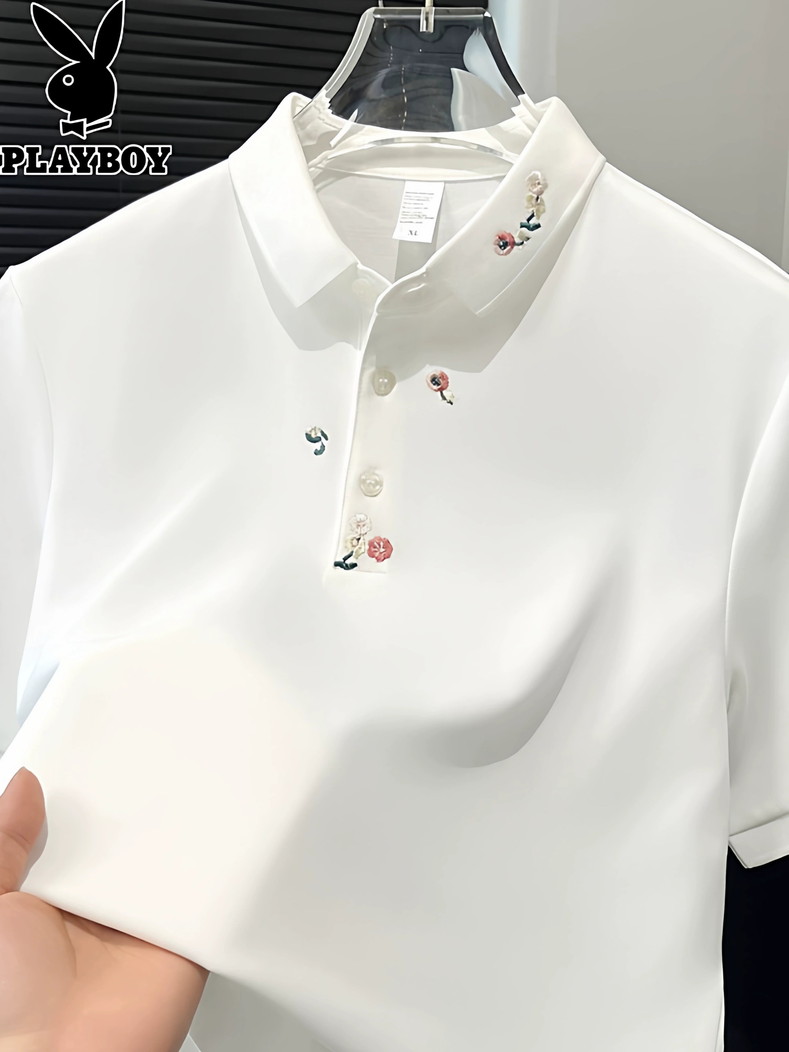 Playboy kişilər üçün yüngül lüks polo köynək yay yeni təsadüfi çox yönlü kişilər üçün naxışlı yaxa qısaqol köynək