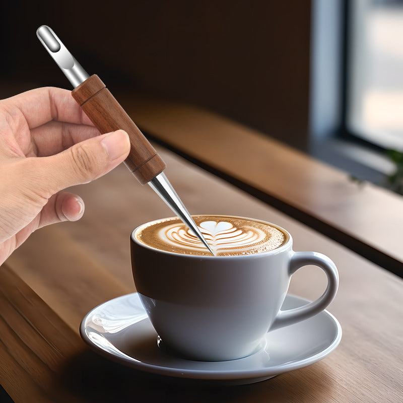 Qəhvə latte sənət iynəsi, paslanmayan poladdan oyma iynə, bərk ağac gül ağacı latte qəhvə toxunma iynəsi, dəbli qəhvə latte sənət qələmi