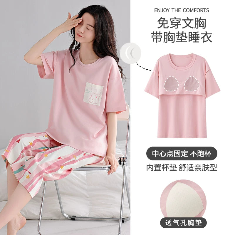 Urban Beauty təmiz pambıq pijama qadınlar üçün yay yeni qısaqol, sinə yastiqciqları olan dörddə üç şalvar ev geyimi mavi kostyum
