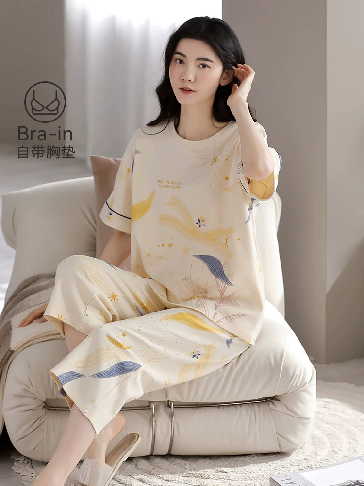 Qadınlar üçün Fenton Kean pijama 2026 yeni yay təmiz pambıq sinə yastığı ilə qısaqol qısaqol üç rüb şalvar boz ev paltarı yay