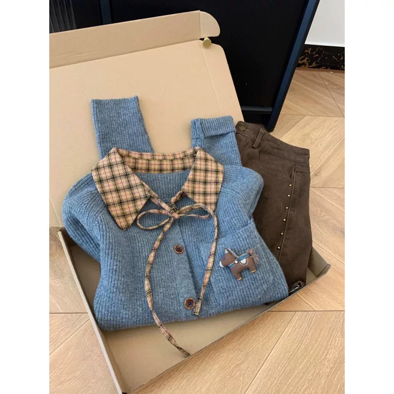 Kiçik bədənli qadınlar üçün şirin və zərif preppy üslubunda retro dama-dama süni iki hissəli toxunma sviter, payız və qış yaşlanmanı azaldan sviter.