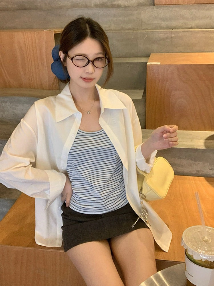 Zolaqlı mayka, kamzol, böyük ölçülü qadın geyimləri, 2026-cı il yayı üçün yeni dəb, incə oturacaq, qarın nahiyəsini gizlədən alt qat.