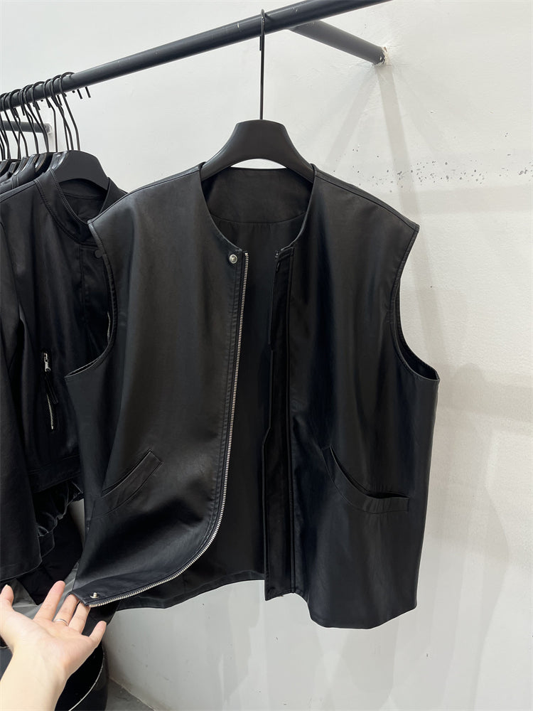 2026 Yaz Yeni Qadın Dəri Jilet, Boş Gündəlik Motosiklet Stilində, Yumşaq Zülal Dəri, Lüks Top