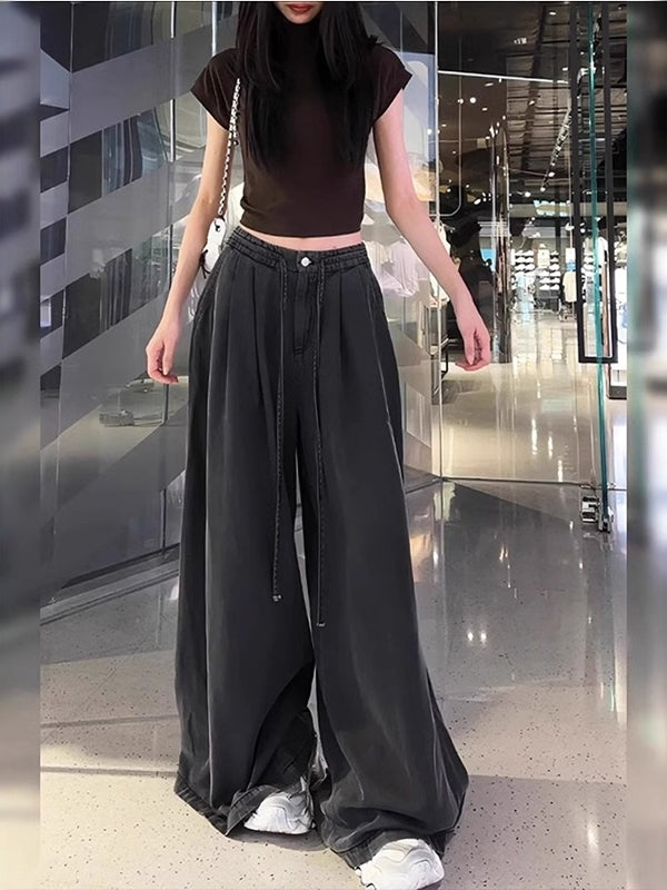 Qadınlar üçün böyük ölçülü Tencel denim cins şalvar, yay üslubunda, nazik, enli ayaqlı, yüksək belli, boş, çoxfunksiyalı, gündəlik şalvar.