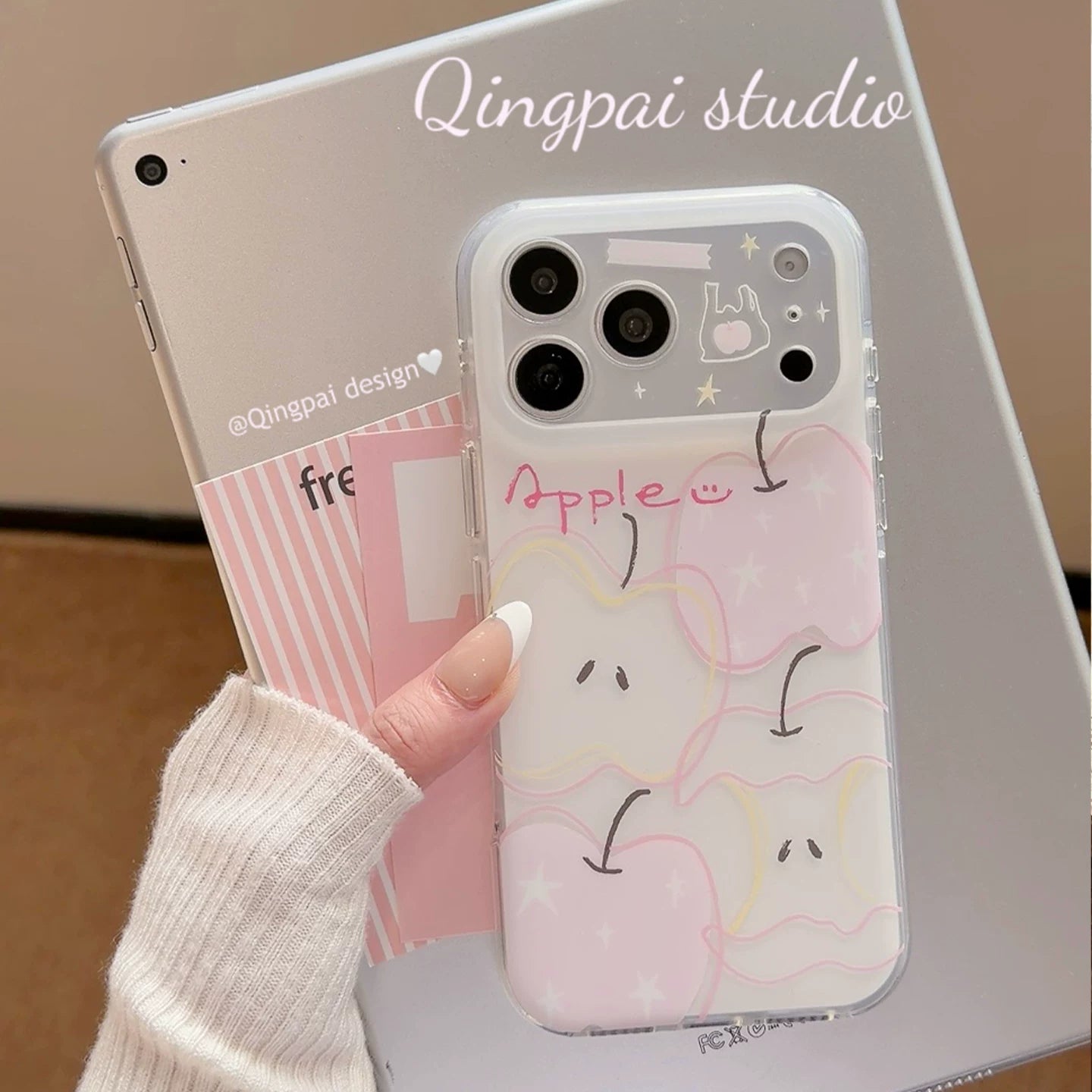 Qingpai ins sadə boyalı çəhrayı və ağ xətlər Apple ulduzu qraffiti Apple 17promax mobil telefon qutusu iphone16pro yeni 15promax qadın modeli 15pro yaradıcı stil hər şey daxil sərt qabıq