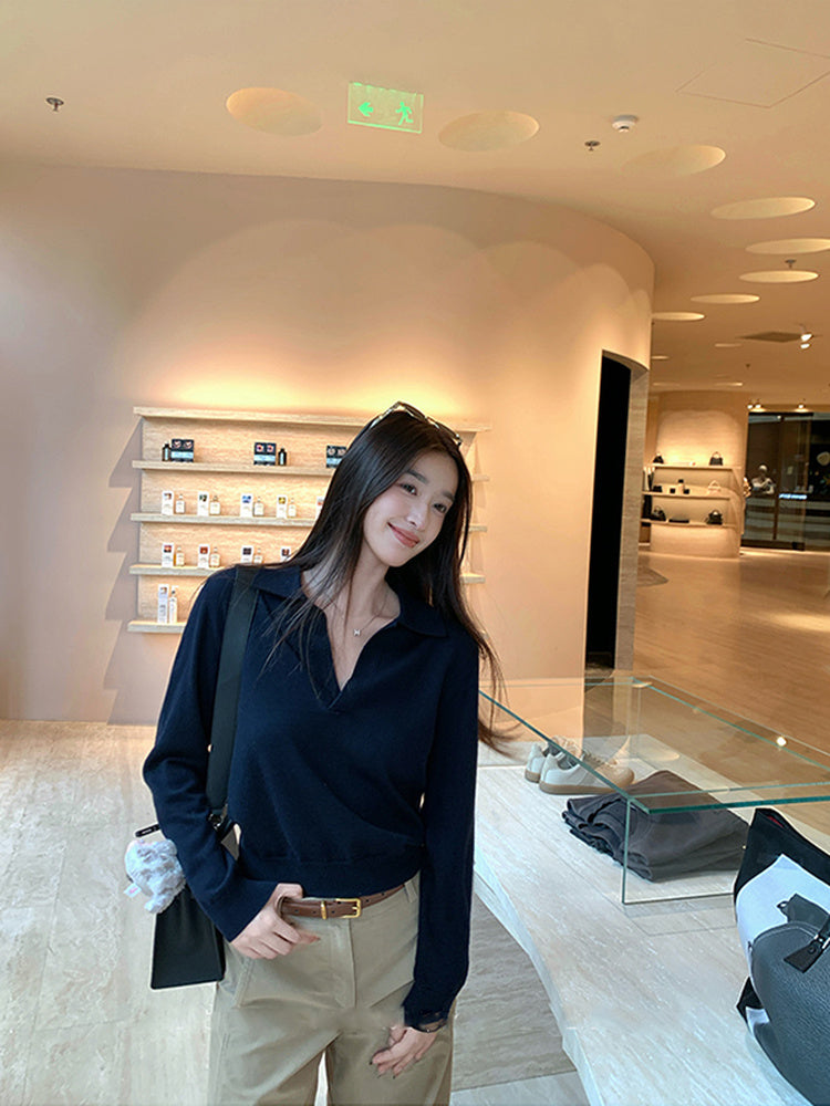 Qadınlar üçün köhnə üslubda polo yaxalıqlı toxunma sviter, payız, tənbəl, zərif, gənc, gündəlik V-yaxalı uzunqol köynək