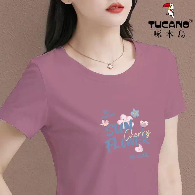 Clearance sızan birinci sıra brend Woodpecker top yay üslublu qısaqol dəbli dəyirmi boyun təmiz pambıq nişli köynək