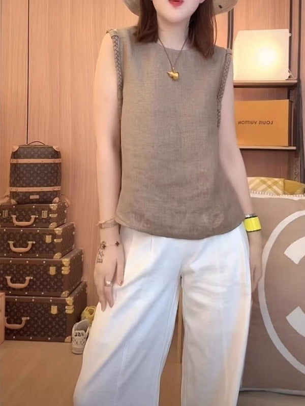 Böyük ölçülü qadın ağır kətan jilet, 2026-cı il yay yeni dəbi, geniş formalı, çoxfunksiyalı, arıqladıcı qolsuz top.