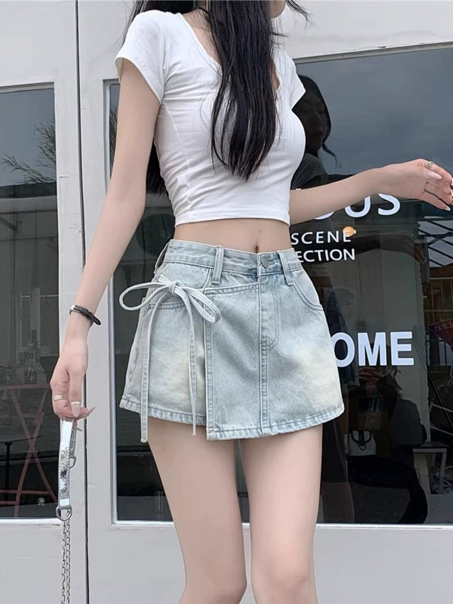 Qadınlar üçün böyük ölçülü retro denim midi ətək, yay üslubunda, yüksək belli, arıqladıcı, ombaya yapışan A-xəttli mini ətək/şalvar.