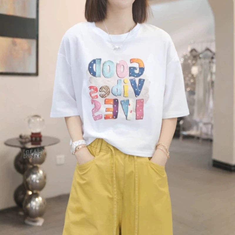 Qadınlar üçün Böyük Ölçülü, Saf Pambıqdan Naxışlı Qısa Qollu Futbolka, Yay, Boş Forma, Arıqladıcı, Arxasız Krujevalı Qısa Qollu Futbolka, Dəbli