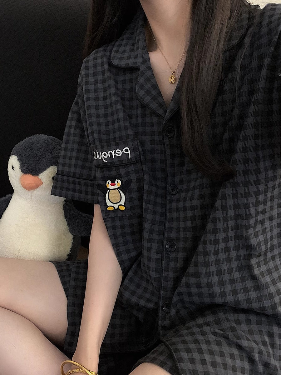 Yayda kişi və qadınlar üçün pijama boz rəngli plaid pinqvin təmiz pambıq qısaqol şort cüt Yapon üslublu pambıq ev geyimi dəsti