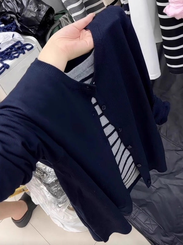 Plus Size Women's Autumn 2025 New Round Collar Striped Faux Two-Piece Knit Cardigan Casual Slimming Color Block Patchwork Top